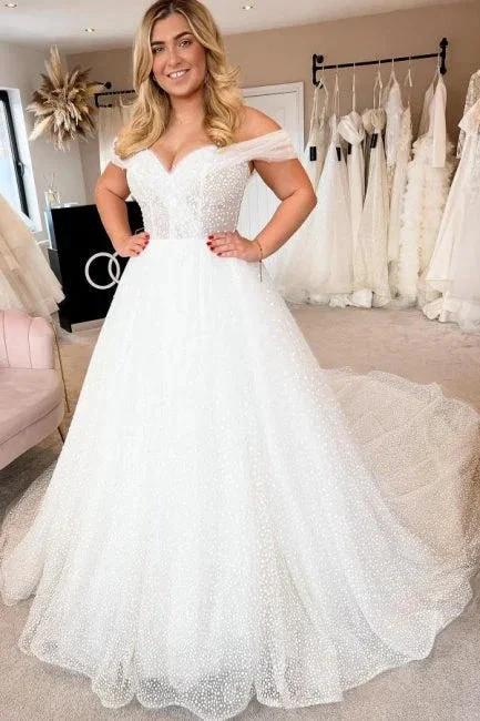 Elegant A-line White Off-the-Shoulder Pearls Sleeveless Wedding Dress (ZD14503)