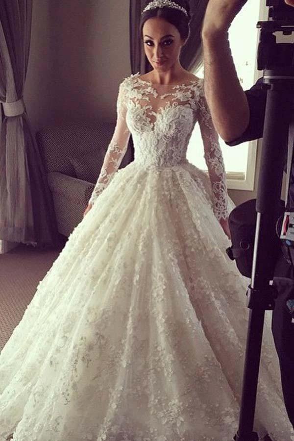 Elegant Ball Gown Lace Long Wedding Dress with Long Illusion Sleeves (ZD15407) - VelvetHem
