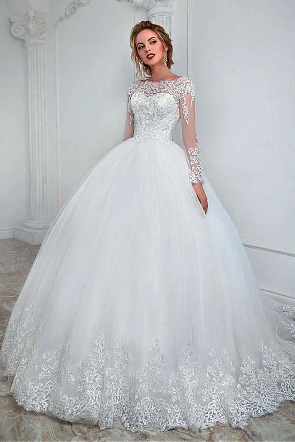 Elegant Bateau Neckline Ball Gown Wedding Dress With Lace Appliques (ZD15475)