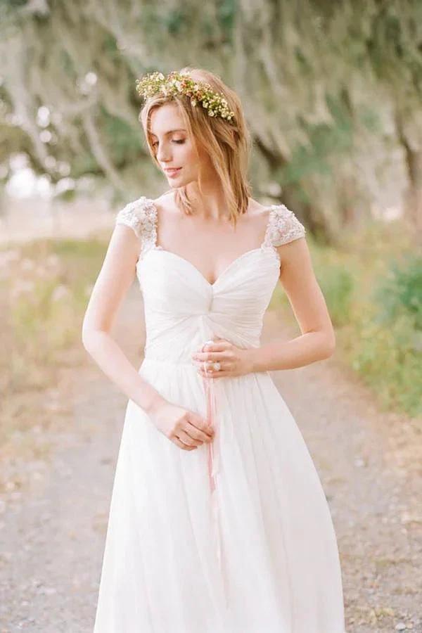 Elegant Cap Sleeve Long Chiffon Sweetheart Wedding Dress (ZD15473)