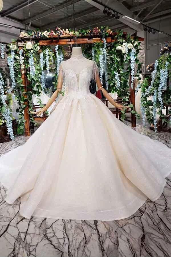Elegant Cap Sleeves Ball Gown Beading High Neck Wedding Dress (ZD15355)