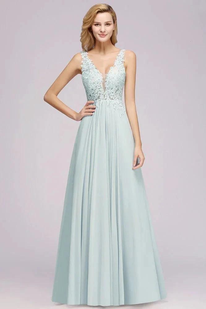 Elegant Chiffon Lace V-Neck Sleeveless Floor-Length A-Line Bridesmaid Dress with Beadings (ZD13124)