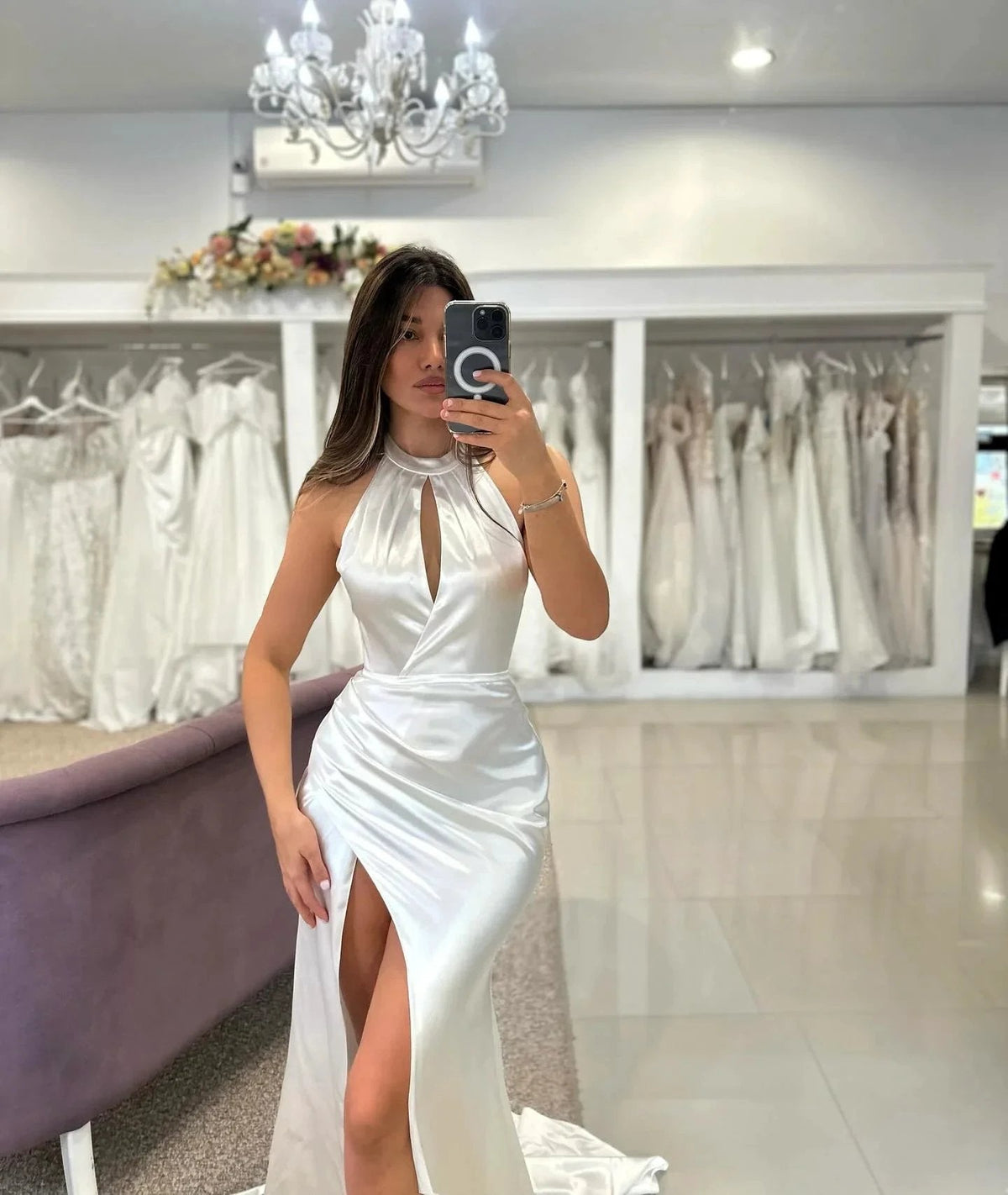 Elegant Column Satin Halter Sleeveless White Wedding Dresses With Ruffles Split Front (ZD15533)