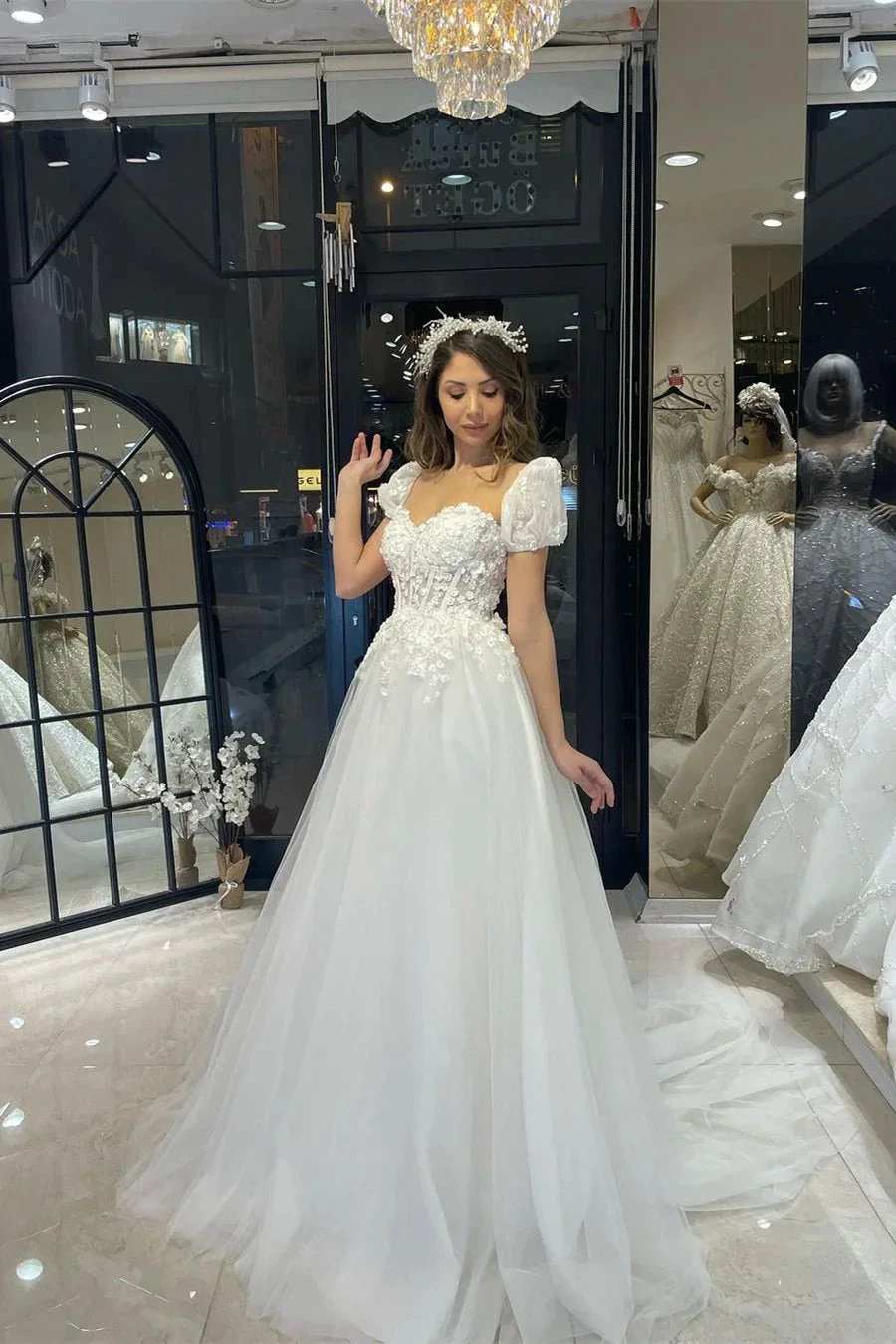 Elegant Floor Length Sweetheart Short Sleeves A-Line Tulle Wedding Dress (ZD14804) - VelvetHem