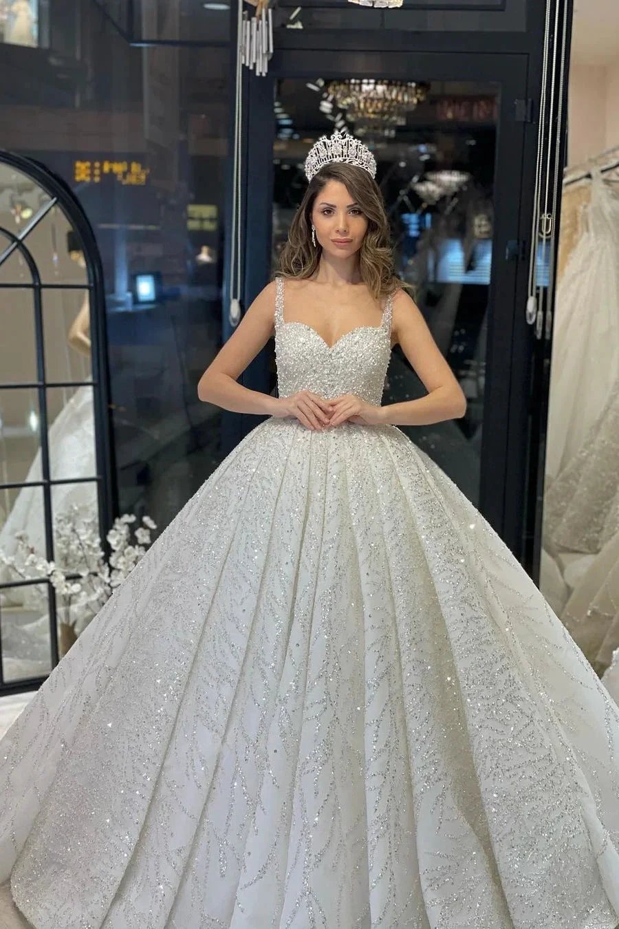 Elegant Floor Length Sweetheart Sleeveless A-Line Sequined Wedding Dress with Ruffles (ZD14800)
