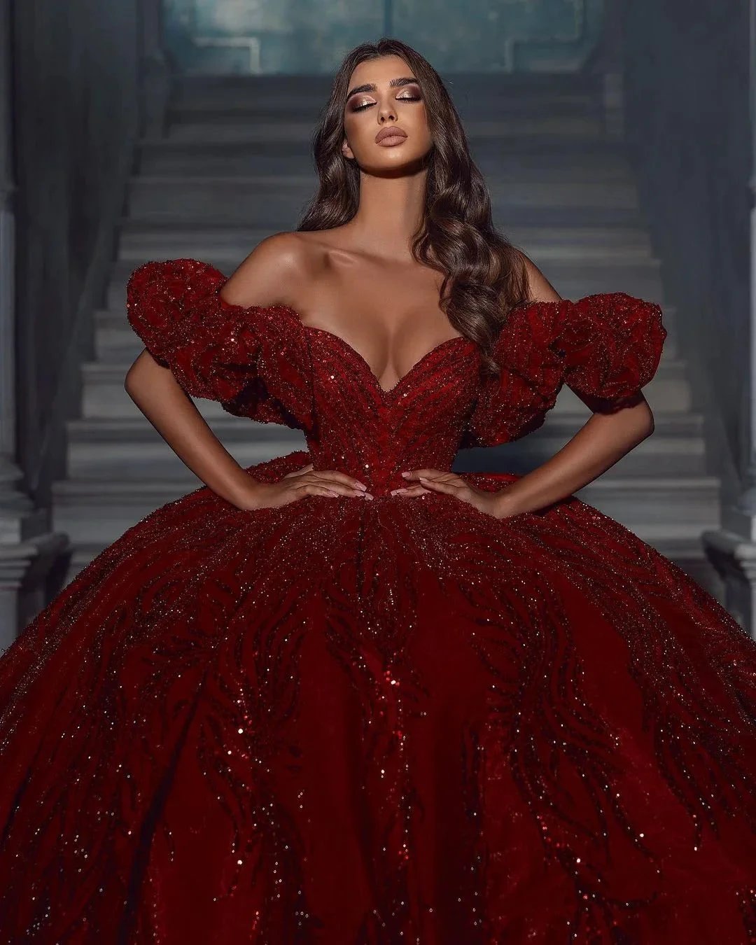 Elegant Floor Length V-Neck Sleeveless Off-The-Shoulder A-Line Sequined Wedding Dress with Ruffles (ZD14774)