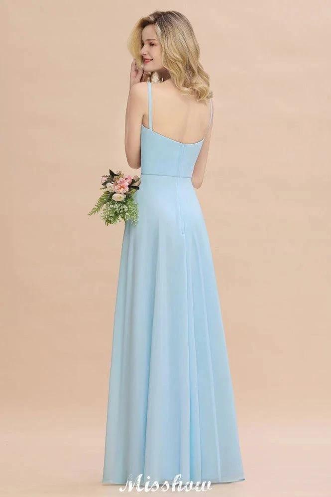Elegant Front Split Bridesmaid Dress Garden Spaghetti Straps V-neck Floor Length Dress (ZD12893)