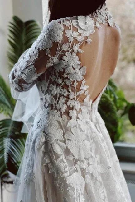 Elegant High Collar Long Sleeves A-Line Lace Wedding Dress with Chapel Train (ZD14893)