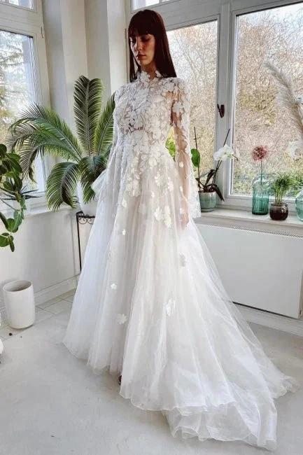 Elegant High Collar Long Sleeves A-Line Lace Wedding Dress with Chapel Train (ZD14893)