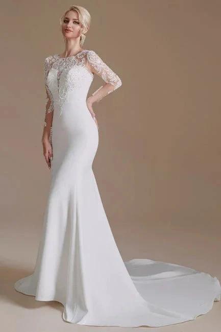Elegant Jewel Long-Sleeve Mermaid Floor-Length Satin Wedding Dresses with Pattern (ZD16561)