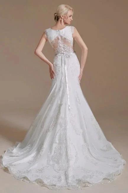 Elegant Jewel Sleeveless Mermaid Floor-Length Satin Wedding Dresses with Lace (ZD14659)