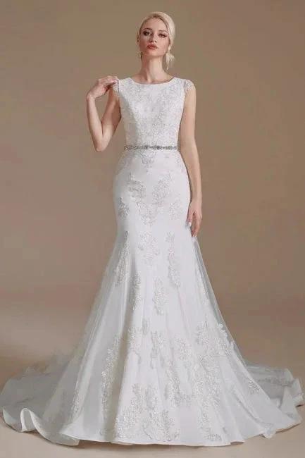 Elegant Jewel Sleeveless Mermaid Floor-Length Satin Wedding Dresses with Lace (ZD14659)