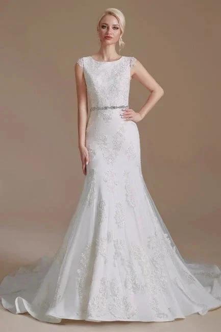 Elegant Jewel Sleeveless Mermaid Floor-Length Satin Wedding Dresses with Lace (ZD14659)