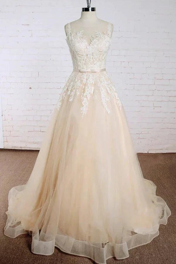Elegant Long A-line Appliques Lace Tulle Wedding Dress (ZD14438)