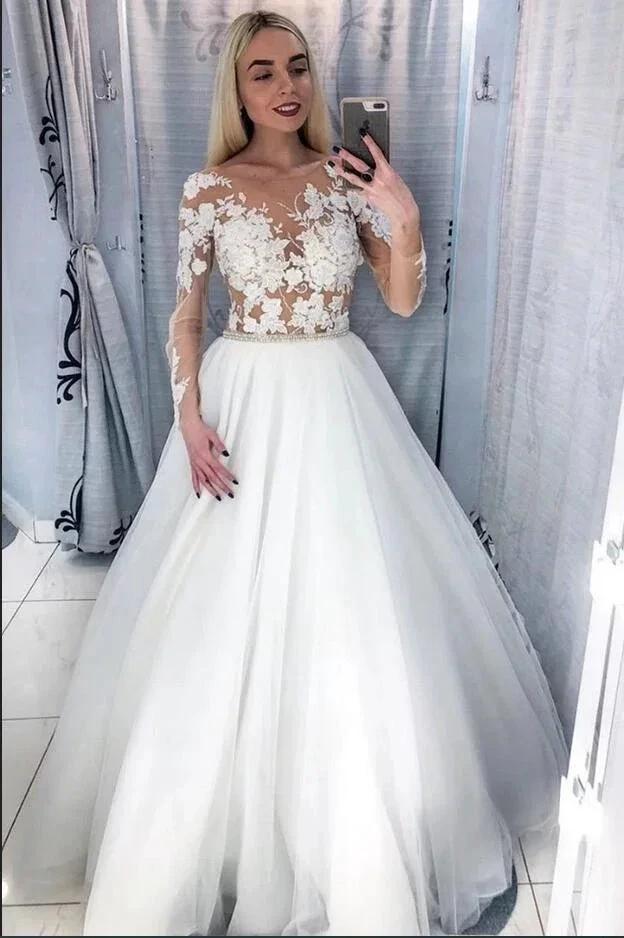 Elegant Long A-Line Bateau Appliques Lace Tulle Wedding Dress with Sleeves (ZD15108)