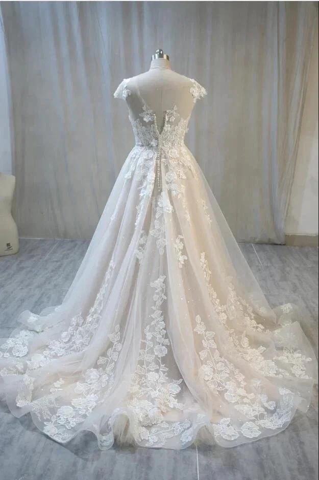 Elegant Long A-Line Bateau Backless Appliques Lace Tulle Wedding Dress (ZD15106)