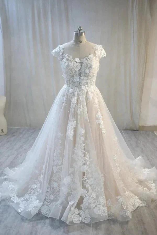 Elegant Long A-Line Bateau Backless Appliques Lace Tulle Wedding Dress (ZD15106) - VelvetHem