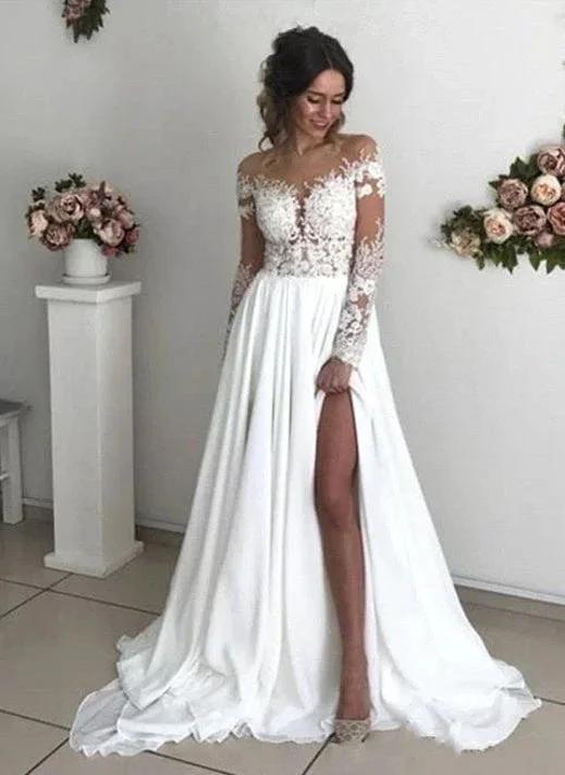Elegant Long A-line Chiffon Lace Long Sleeves Wedding Dress with Slit (ZD14459)