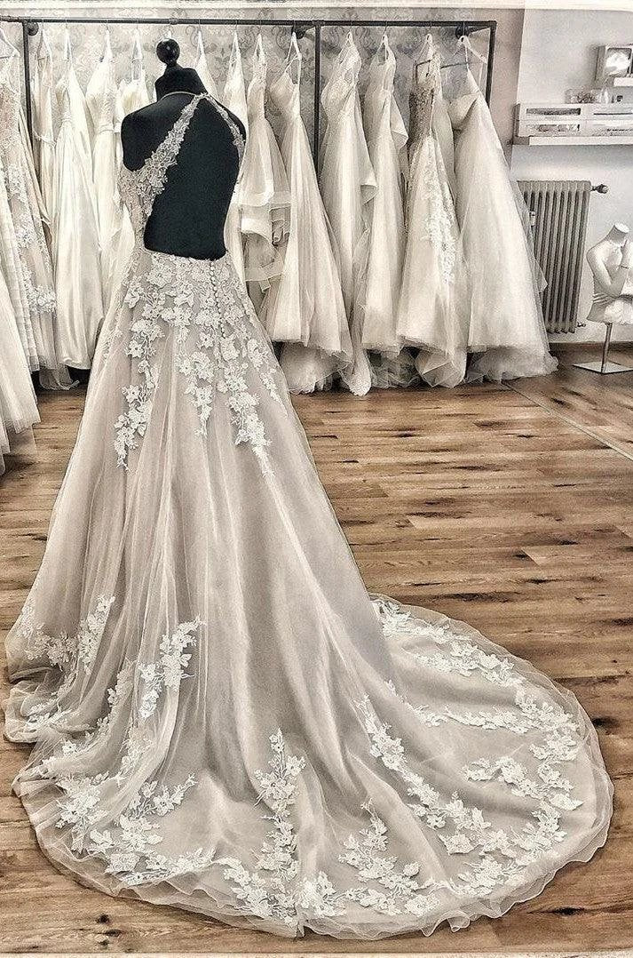 Elegant Long A-line Halter Backless Appliques Lace Tulle Ruffles Train Wedding Dress (ZD15097)