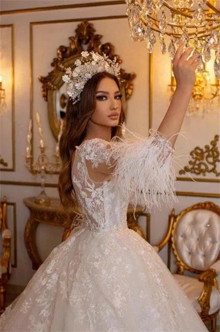 Elegant Long A-line Lace Appliques Tulle Wedding Dresses With Sleeves (ZD14951)