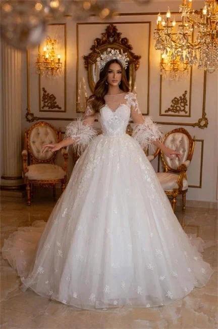 Elegant Long A-line Lace Appliques Tulle Wedding Dresses With Sleeves (ZD14951)