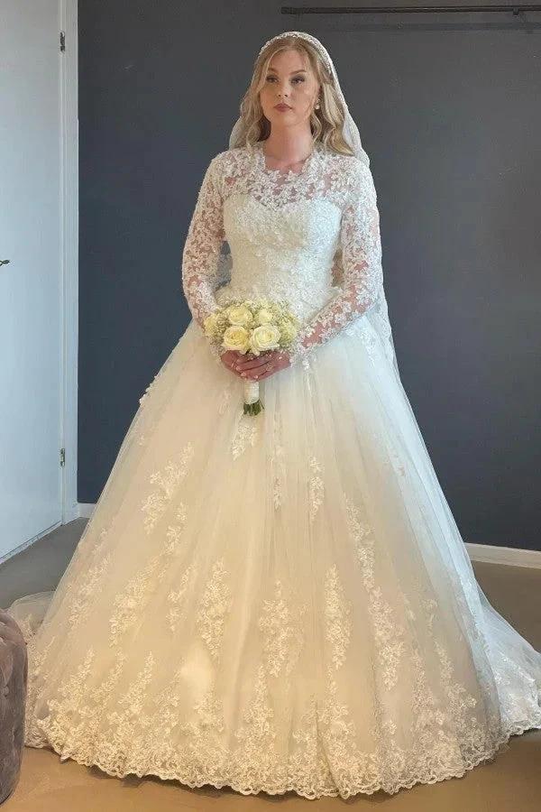 Elegant Long A-line Lace Wedding Dresses With Long Sleeves (ZD14832)