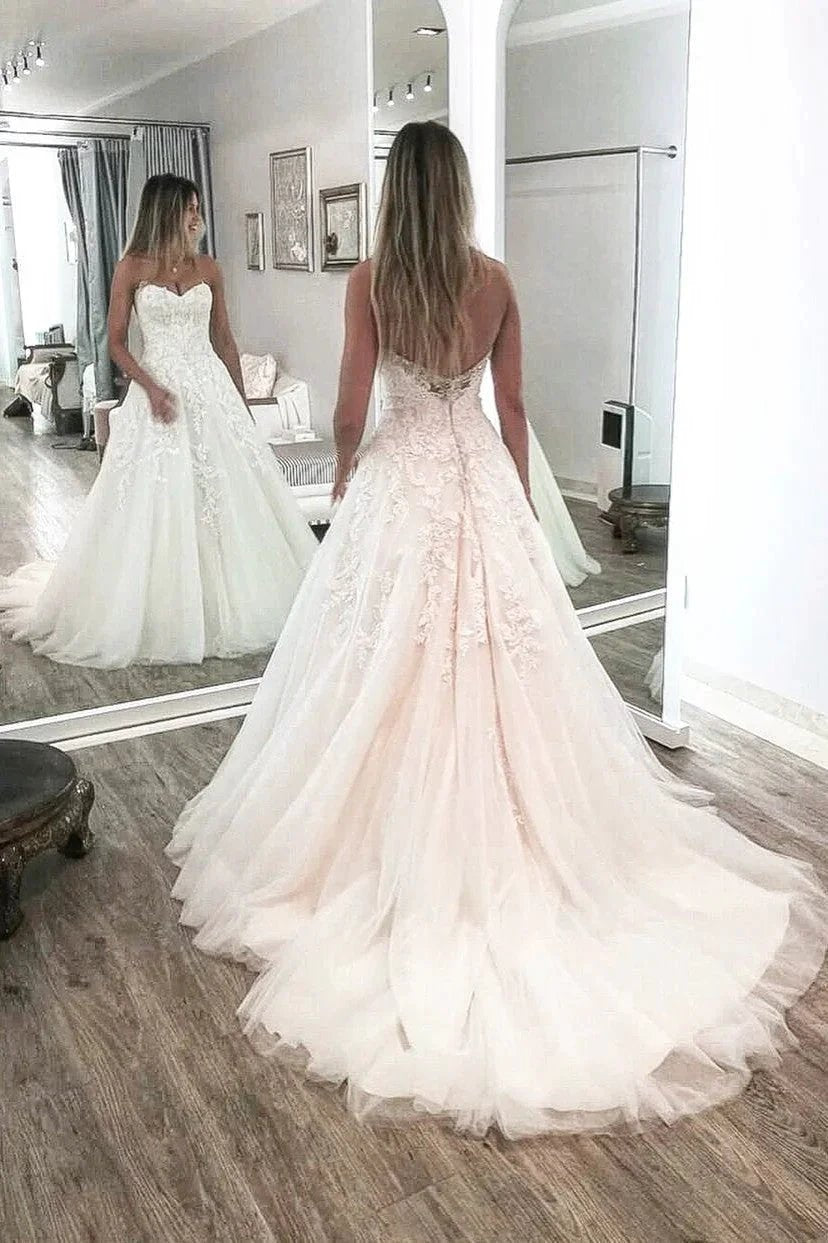 Elegant Long A-line Sweetheart Appliques Lace Tulle Wedding Dress (ZD14355)