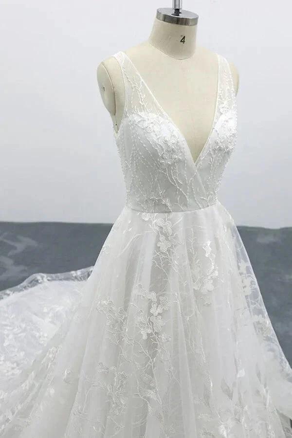 Elegant Long A-line V-neck Appliques Lace Tulle Backless Wedding Dress (ZD14437)