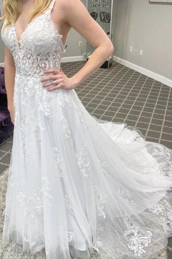 Elegant Long A-line V-neck Appliques Lace Tulle Backless Wedding Dress (ZD15091) - VelvetHem