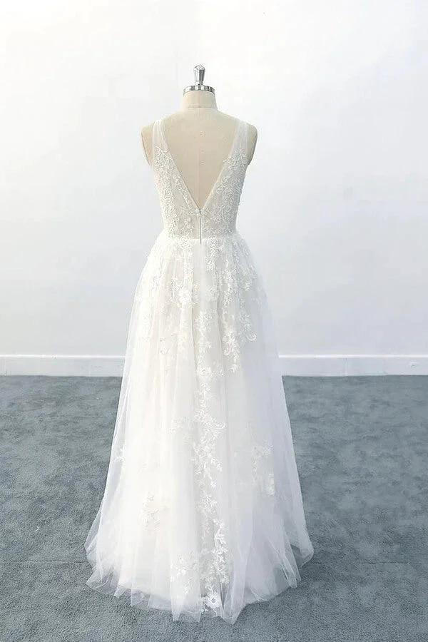 Elegant Long  A-line V-neck Appliques Tulle Backless Wedding Dress (ZD14408)
