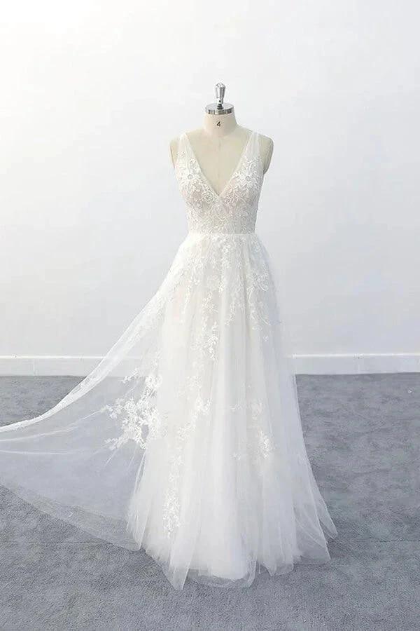 Elegant Long  A-line V-neck Appliques Tulle Backless Wedding Dress (ZD14408)