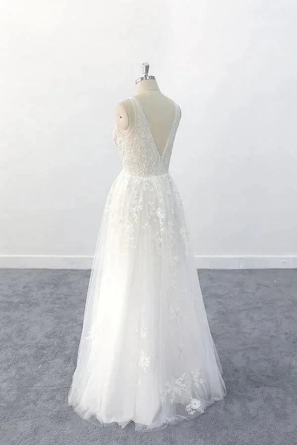 Elegant Long  A-line V-neck Appliques Tulle Backless Wedding Dress (ZD14408)