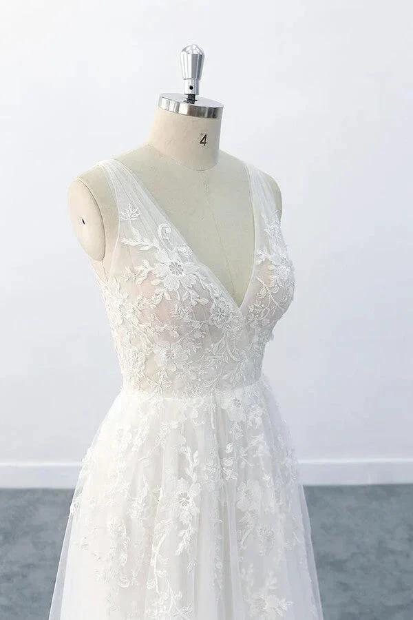 Elegant Long  A-line V-neck Appliques Tulle Backless Wedding Dress (ZD14408)