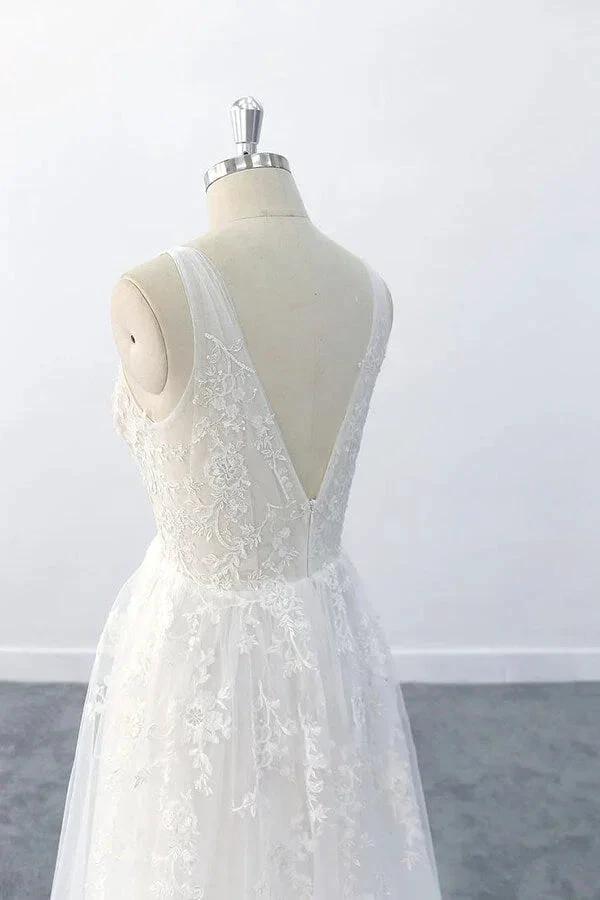 Elegant Long  A-line V-neck Appliques Tulle Backless Wedding Dress (ZD14408)