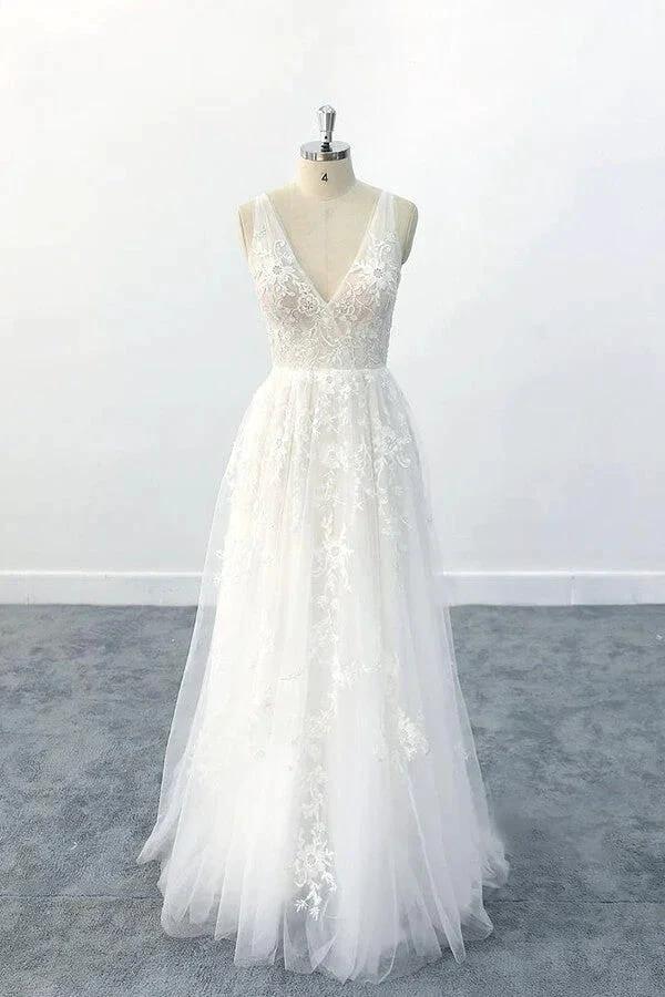 Elegant Long  A-line V-neck Appliques Tulle Backless Wedding Dress (ZD14408)