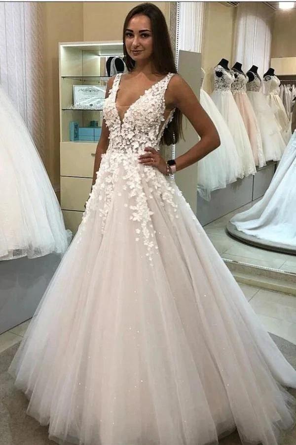 Elegant Long A-line V-neck Tulle 3D Floral Wedding Dress (ZD15031)