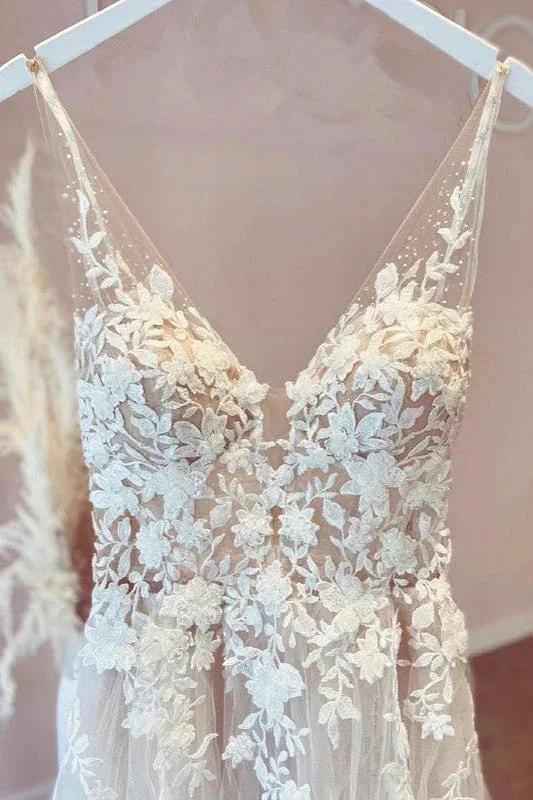 Elegant Long A-line V-neck Tulle Appliques Lace Open Back Wedding Dress (ZD14278)