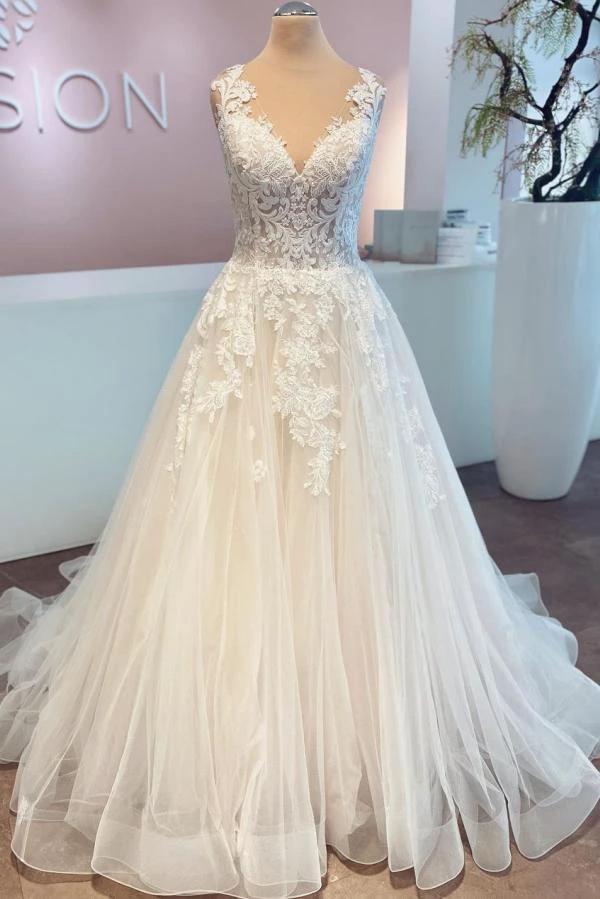 Elegant Long A-line V-neck Tulle Lace Wedding Dress (ZD14463)