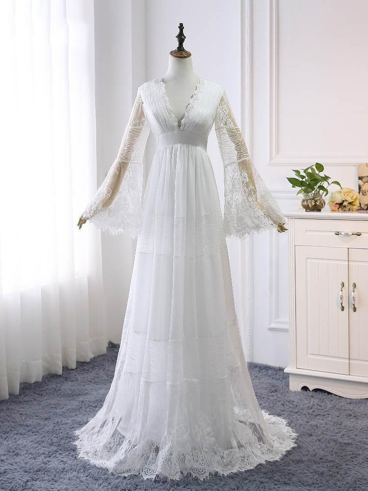 Elegant Long A-line V-Neck Tulle Lace Wedding Dresses with Sleeves (ZD15925)