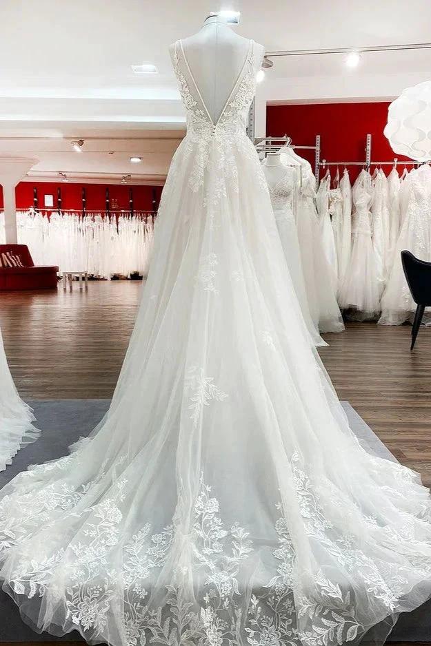 Elegant Long A-Line V Neck Tulle Spaghetti Straps Lace Wedding Dress (ZD14447)
