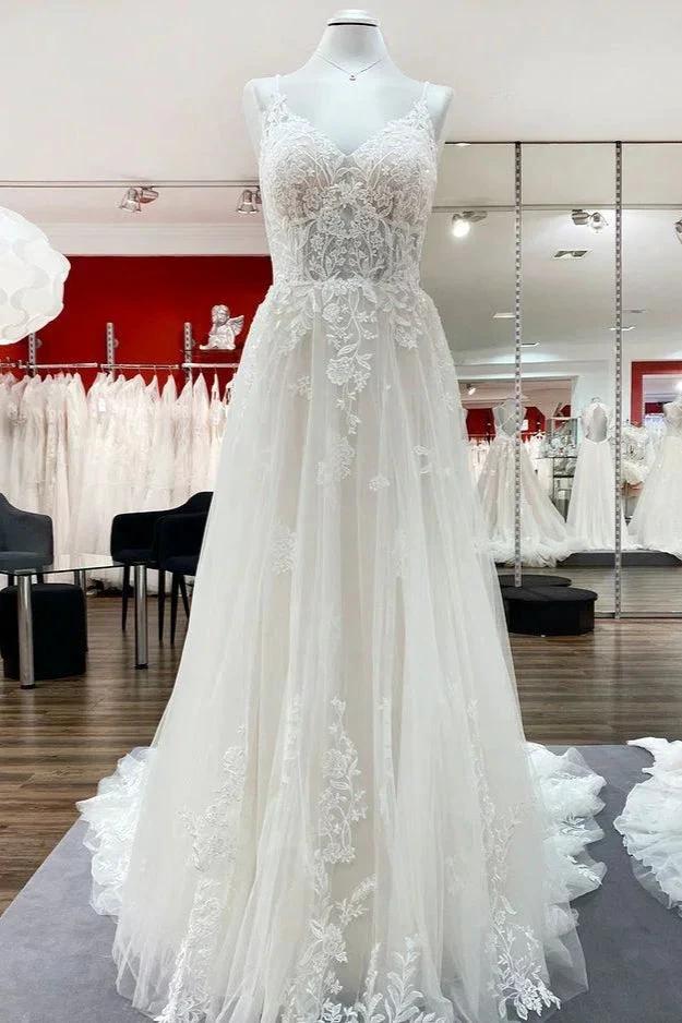 Elegant Long A-Line V Neck Tulle Spaghetti Straps Lace Wedding Dress (ZD14447) - VelvetHem