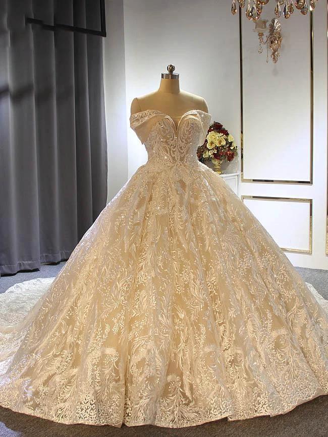 Elegant Long Ball Gown Off the shoulder Tulle Lace Wedding Dresses (ZD15872) - VelvetHem