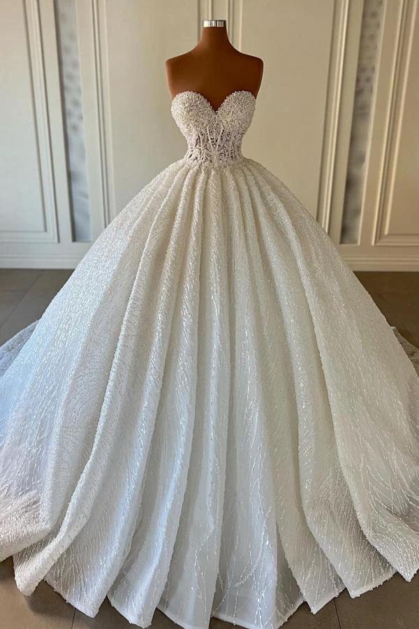 Elegant Long Ball Gown Sweetheart Sleeveless Sequined Tulle Lace Wedding Dresses (ZD16708)
