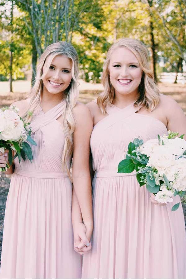 Elegant Long Chiffon Pink Bridesmaid Dress with Sash BD072 by pgmdress