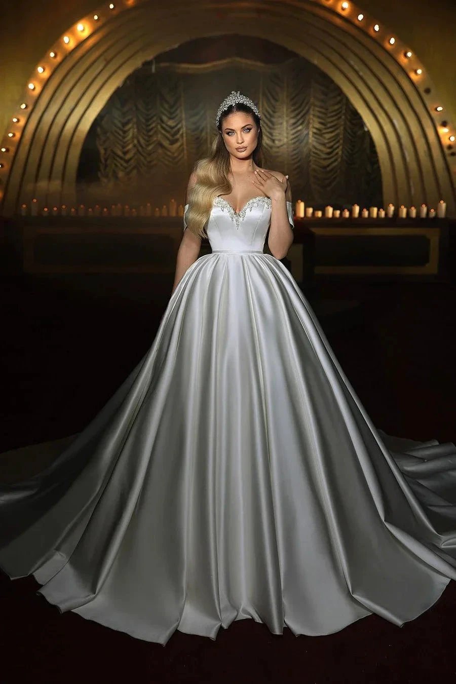 Elegant Long Ivory Sweetheart Off-the-shoulder A-line Sleeveless Wedding Dress (ZD14781)