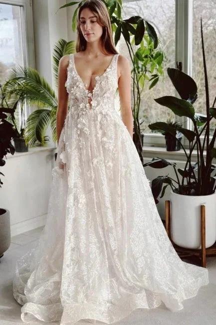 Elegant Long Ivory V-neck A-line Lace Wedding Dress With Glitter (ZD15569)