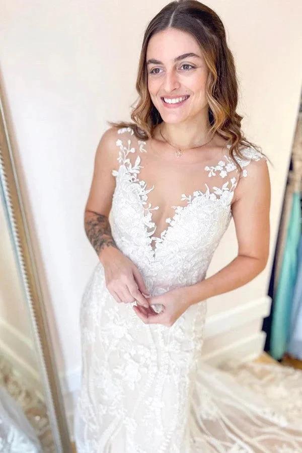 Elegant Long Mermaid Bateau Appliques Lace Backless Wedding Dress (ZD14288)