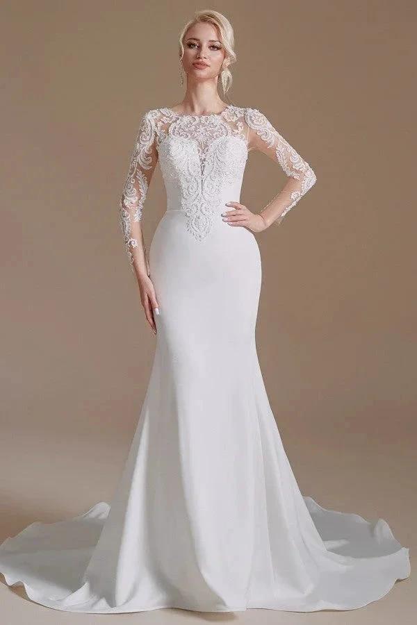 Elegant Long Mermaid Jewel Satin Lace Wedding Dress with Sleeves (ZD14350)
