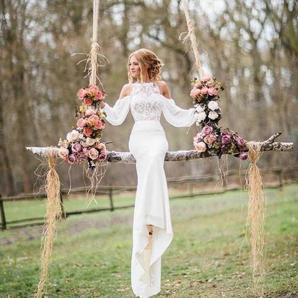 Elegant Long Mermaid Lace Chiffon Wedding Dress with Sleeves (ZD15778)