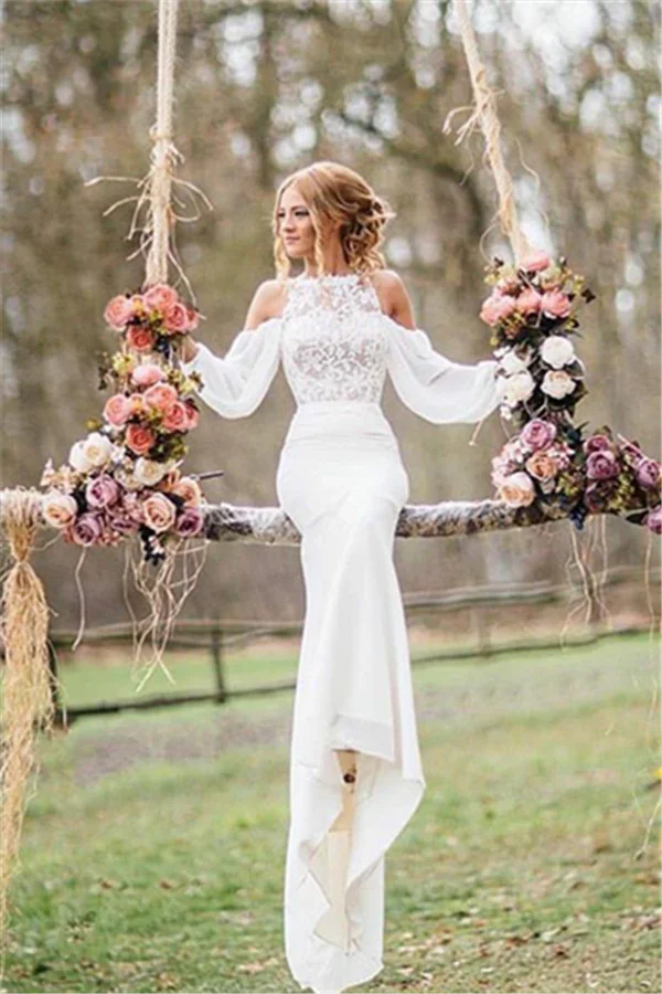 Elegant Long Mermaid Lace Chiffon Wedding Dress with Sleeves (ZD15778)